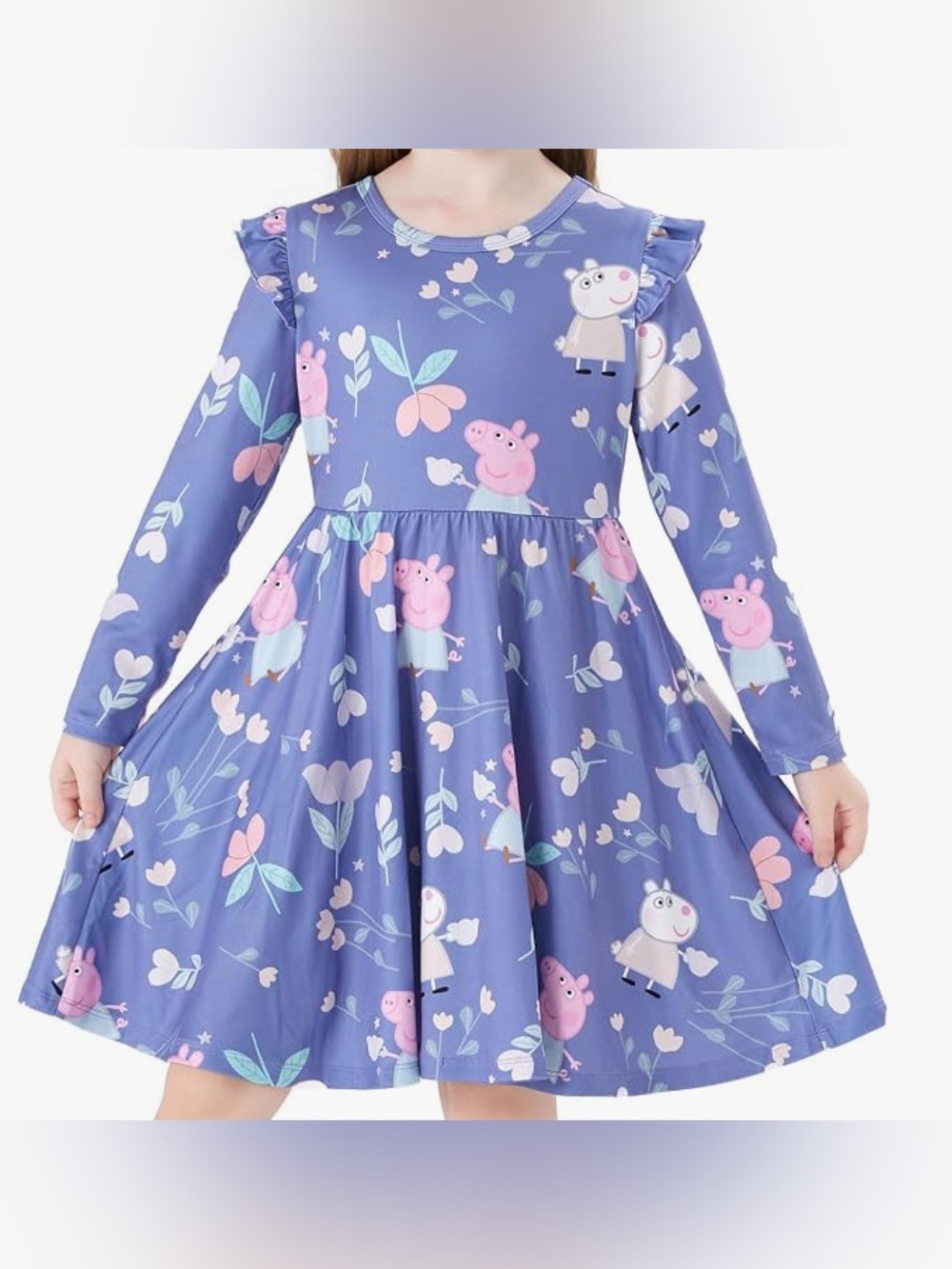 PatPat Blue Long-Sleeve Peppa Pig Floral Ruffle Dress